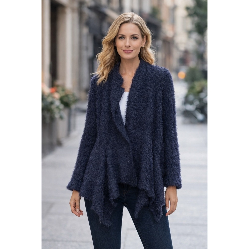 Alembika Navy Blue‎ Eyelash Cardigan Asymmetric Handkerchief Hem Sweater
